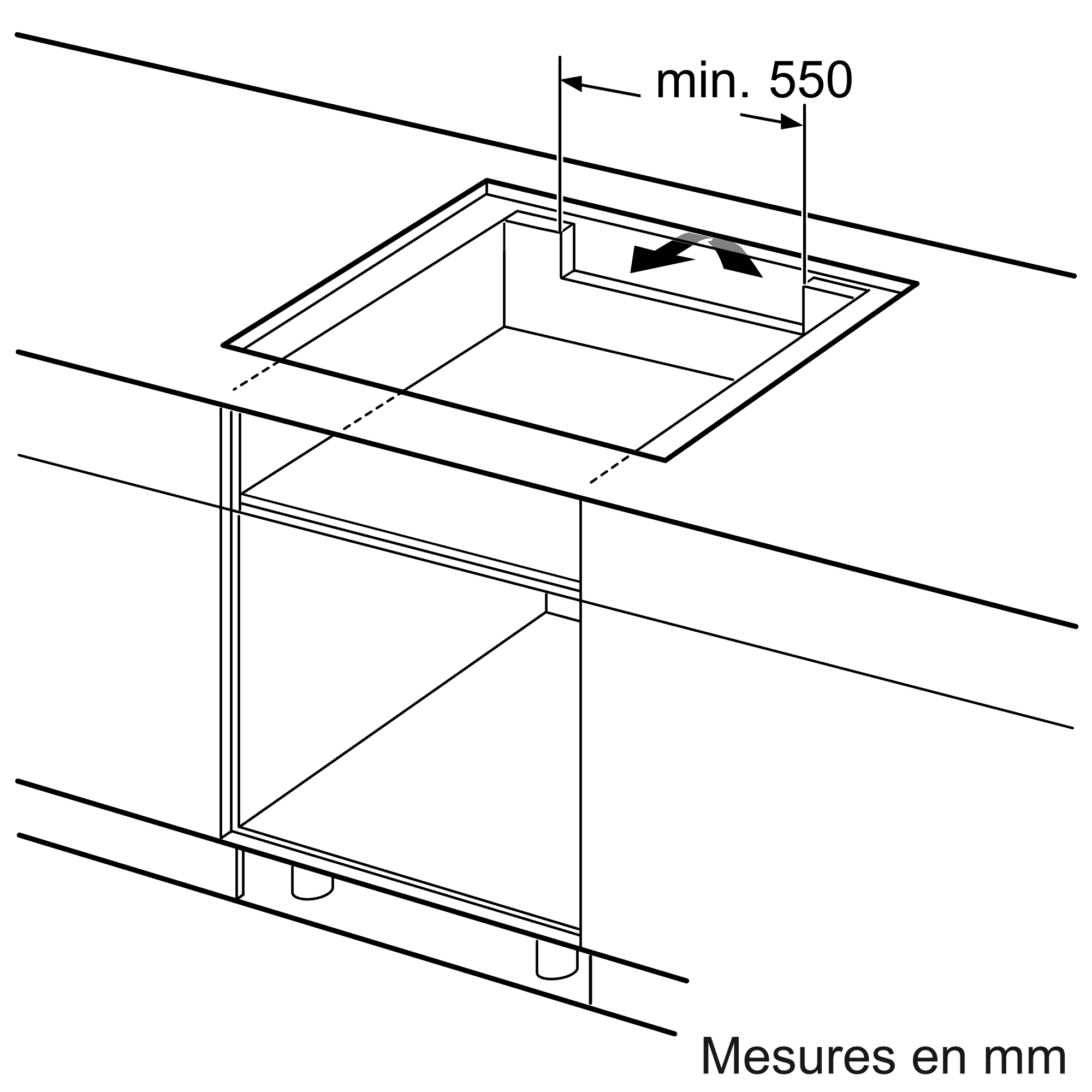 Une vue de dessus d'une table de cuisson encastrée avec une flèche de mesure.