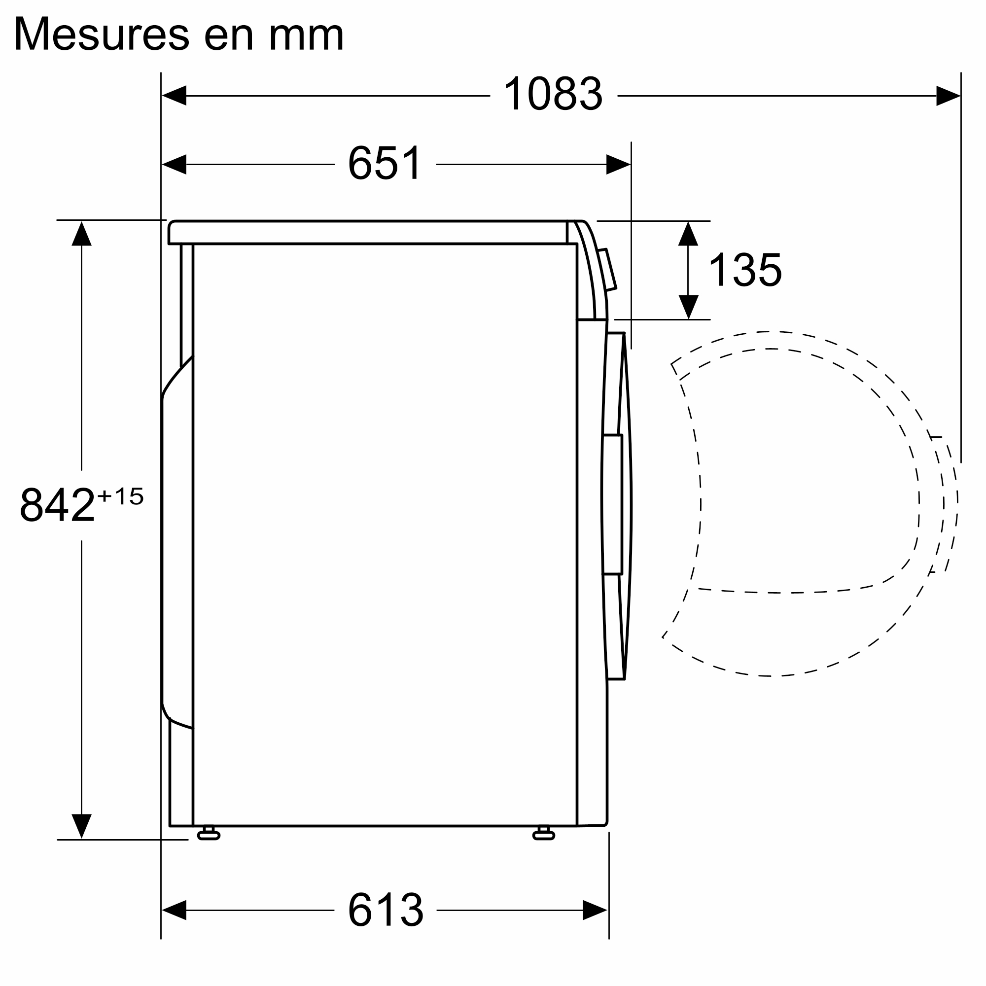 Vue latérale d'un lave-linge, avec dimensions indiquées.