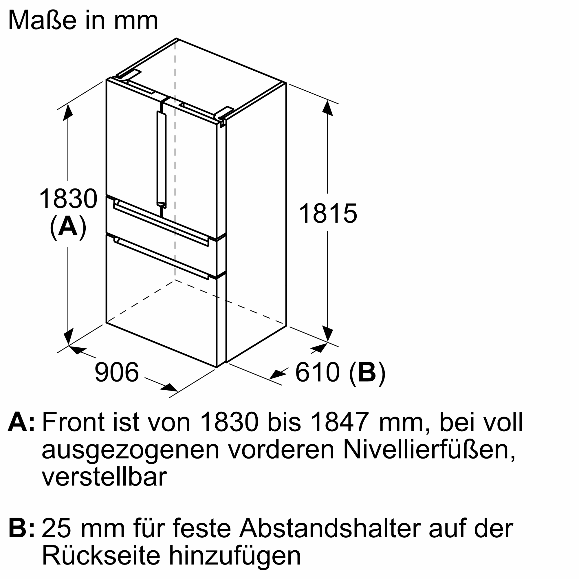Isometrische Zeichnung eines Kühlschranks. Abmessungen sind beschriftet, einschließlich Höhen- und Breitenmaße in mm.