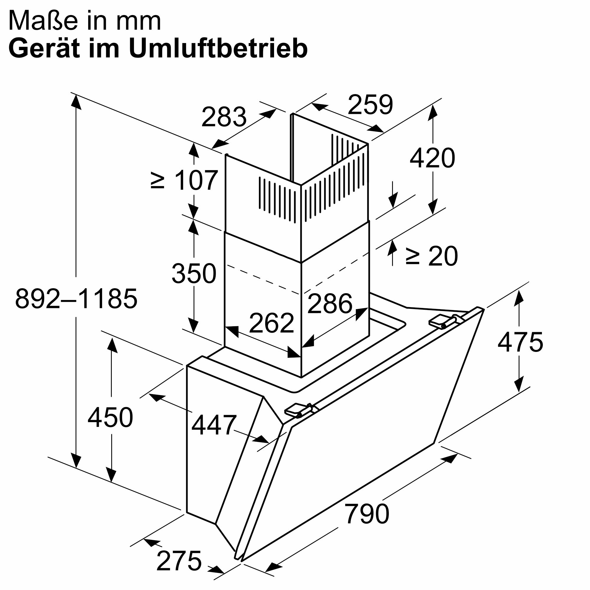 Diagramm einer Dunstabzugshaube mit Maßen in mm. Es zeigt die Abmessungen der Haube im Betrieb.