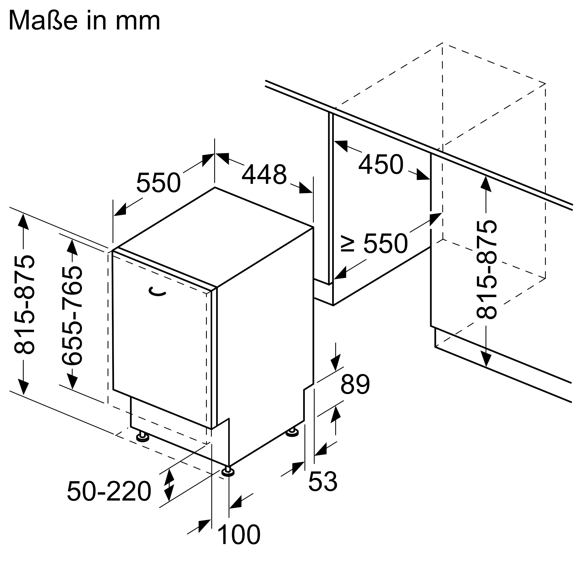 Diagramm eines Geschirrspülers mit Abmessungen und Installationsanforderungen. Gestrichelte Linien und Pfeile.