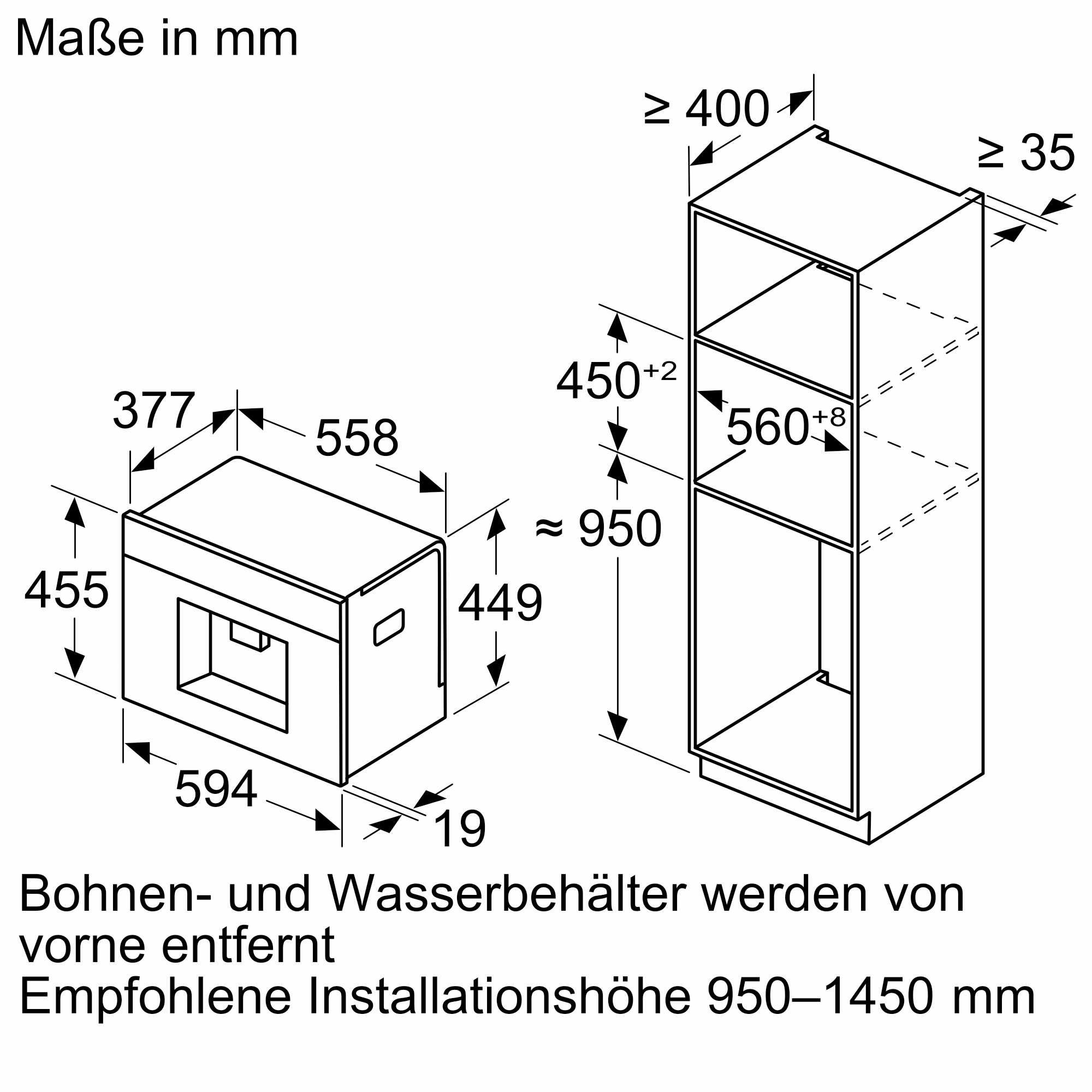Diagramm einer Einbau-Kaffeemaschine mit Abmessungen, einschließlich Höhe, Breite und Tiefe.