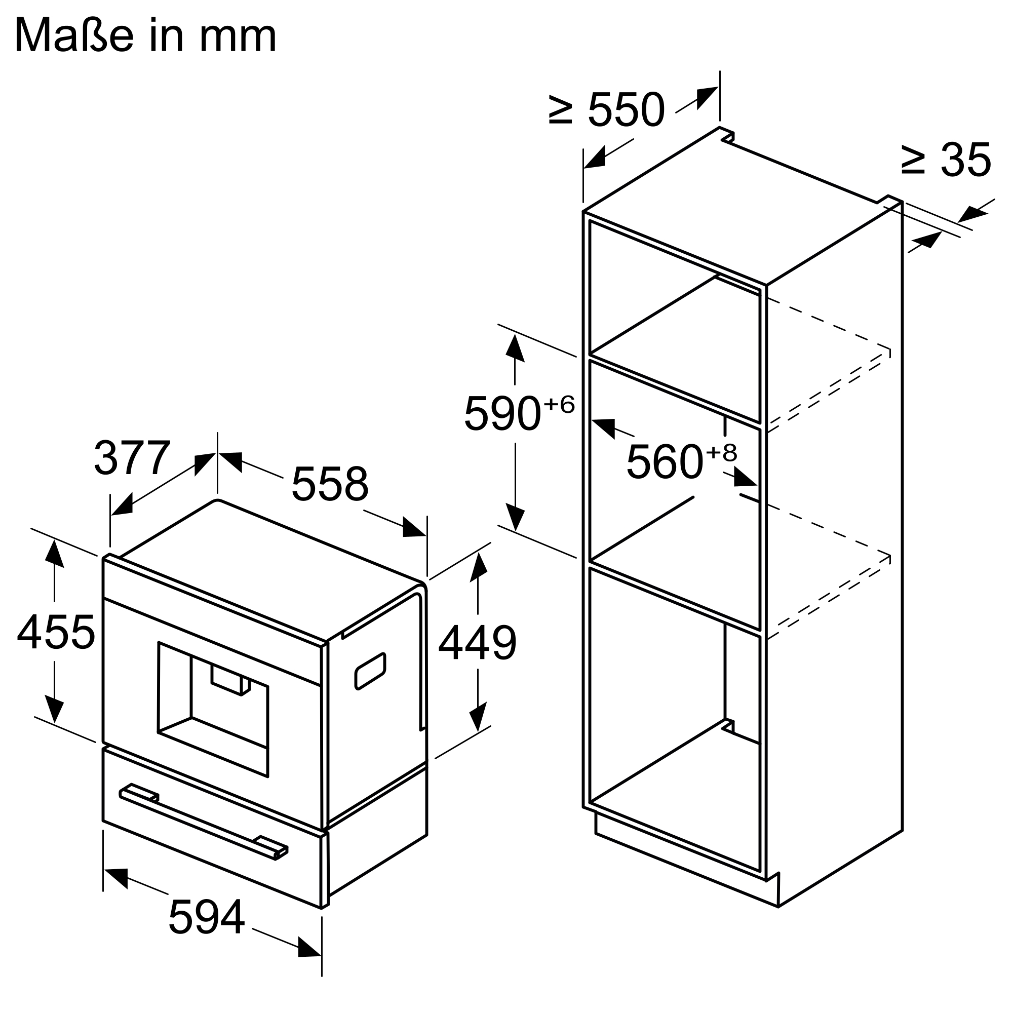 Technische Zeichnung eines Küchengeräts mit Abmessungen, mit Schublade und Frontblende, in mm.