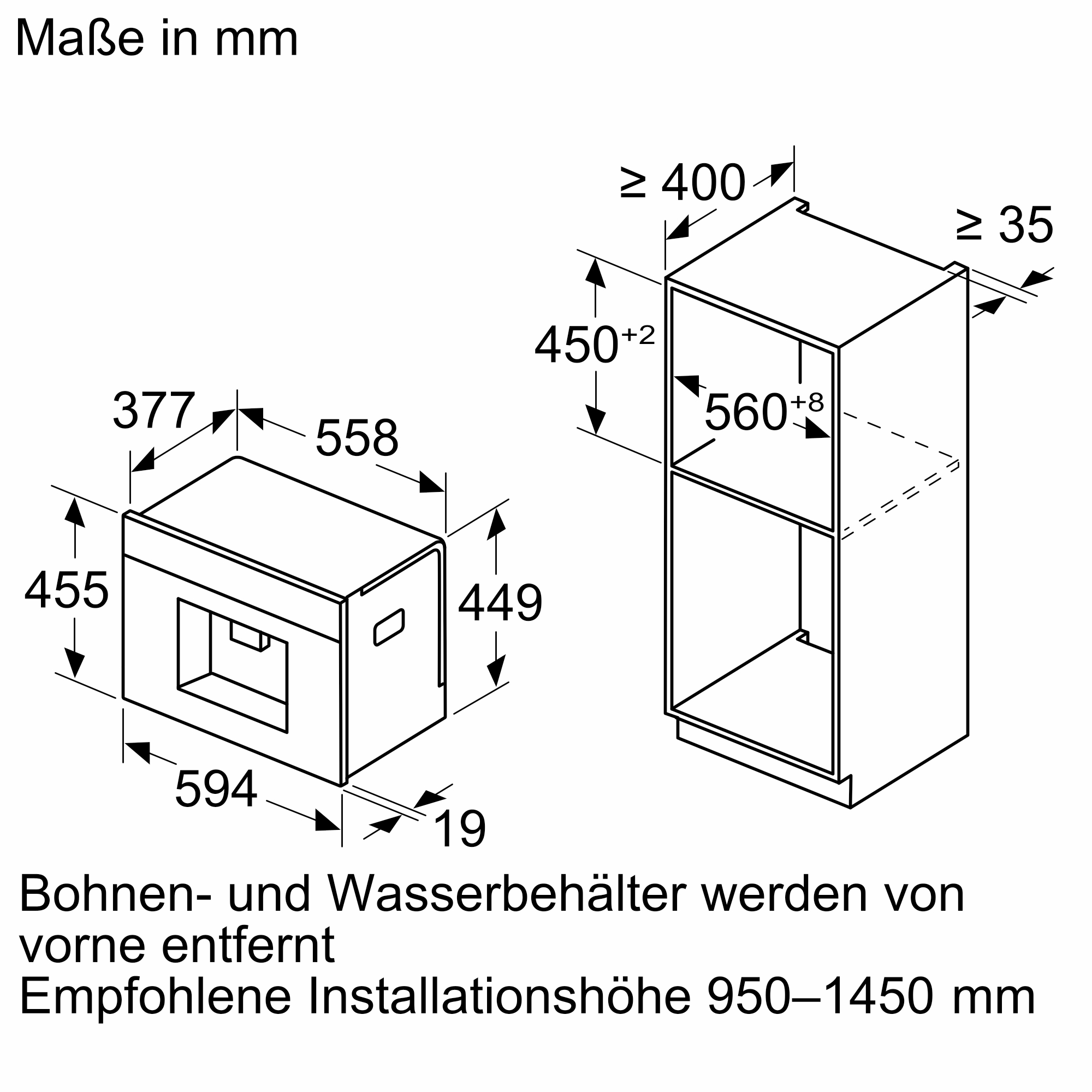 Eine technische Zeichnung mit den Abmessungen einer Kaffeemaschine und eines Einbauofens.