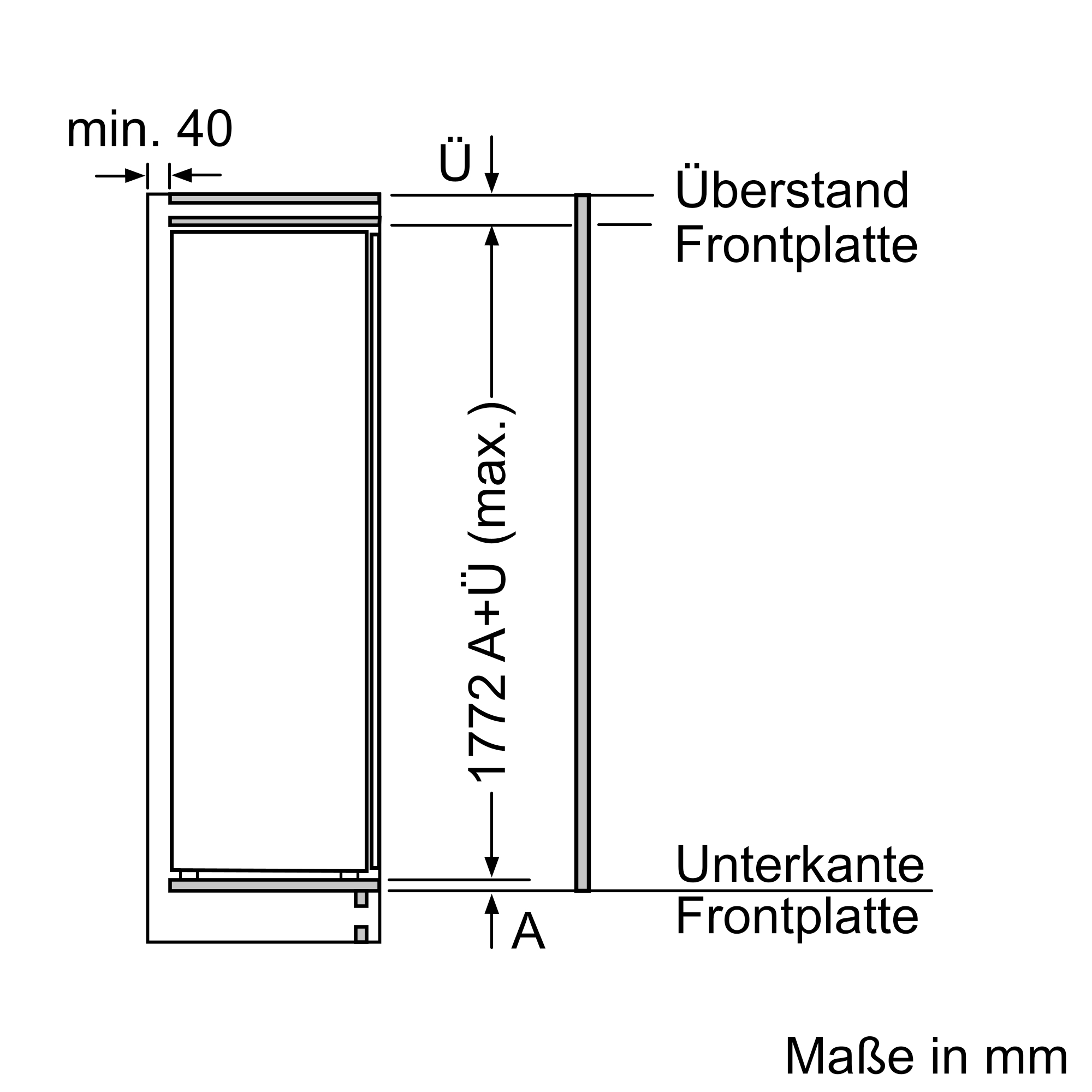Diagramm eines Kühlschranks, Seitenansicht, mit Maßen in mm. Zeigt Umriss und Abmessungen des Geräts.