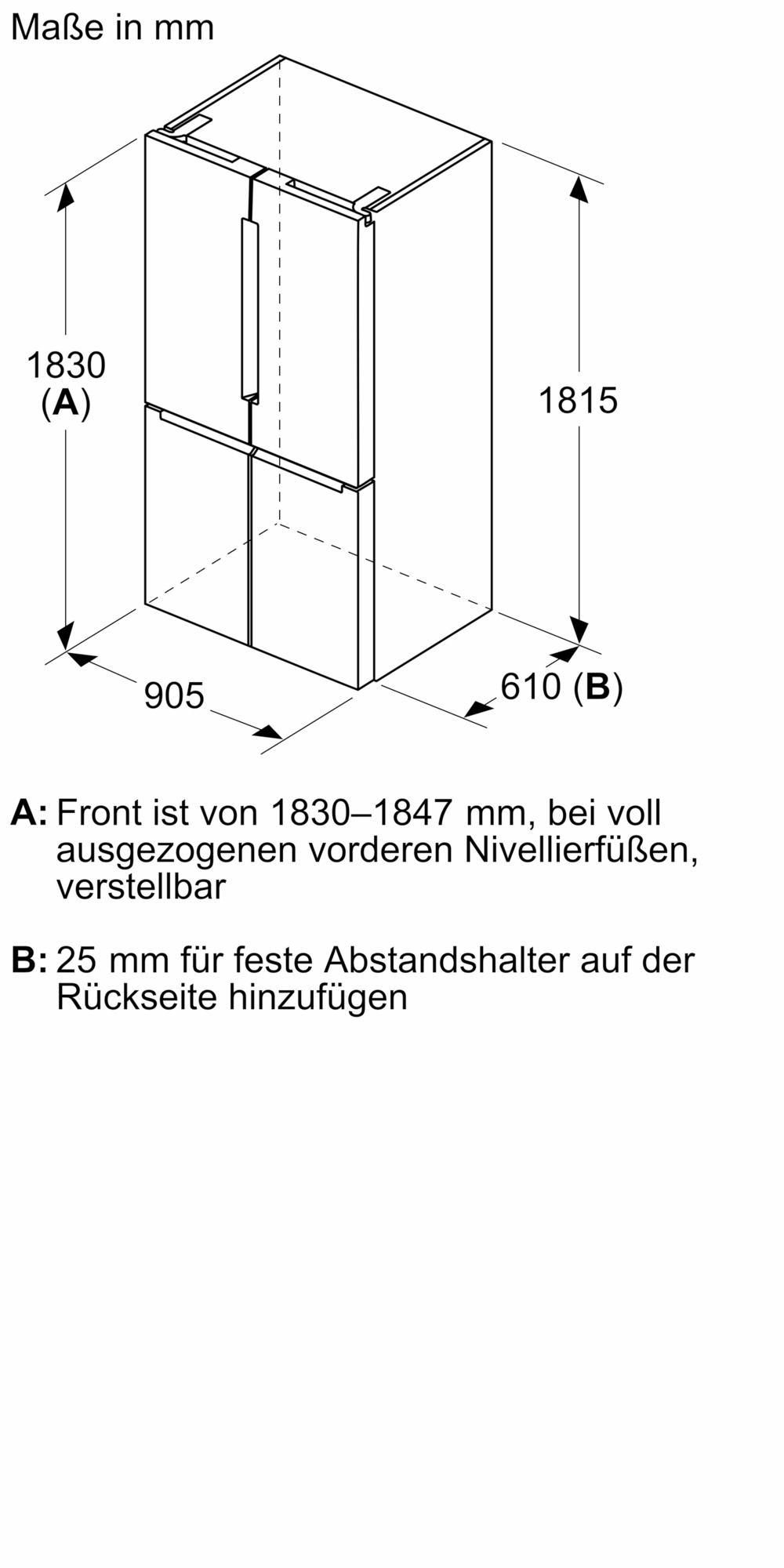 Weißer Kühlschrank mit zwei Türen. Maße in mm. Text auf Deutsch.