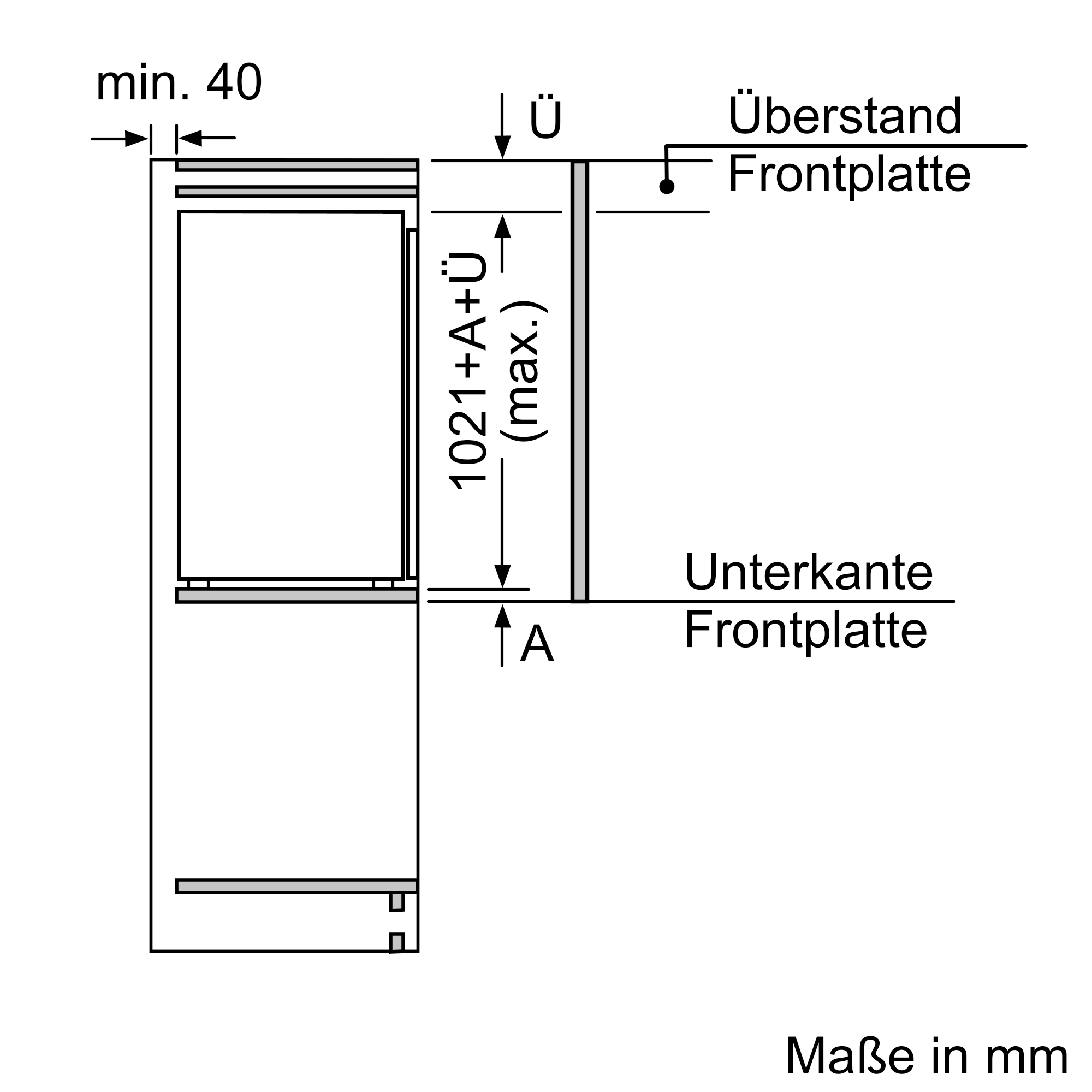 Diagramm einer Schrankinstallation mit beschrifteten Abmessungen, das die Platzierung und die Maße des Schranks zeigt.