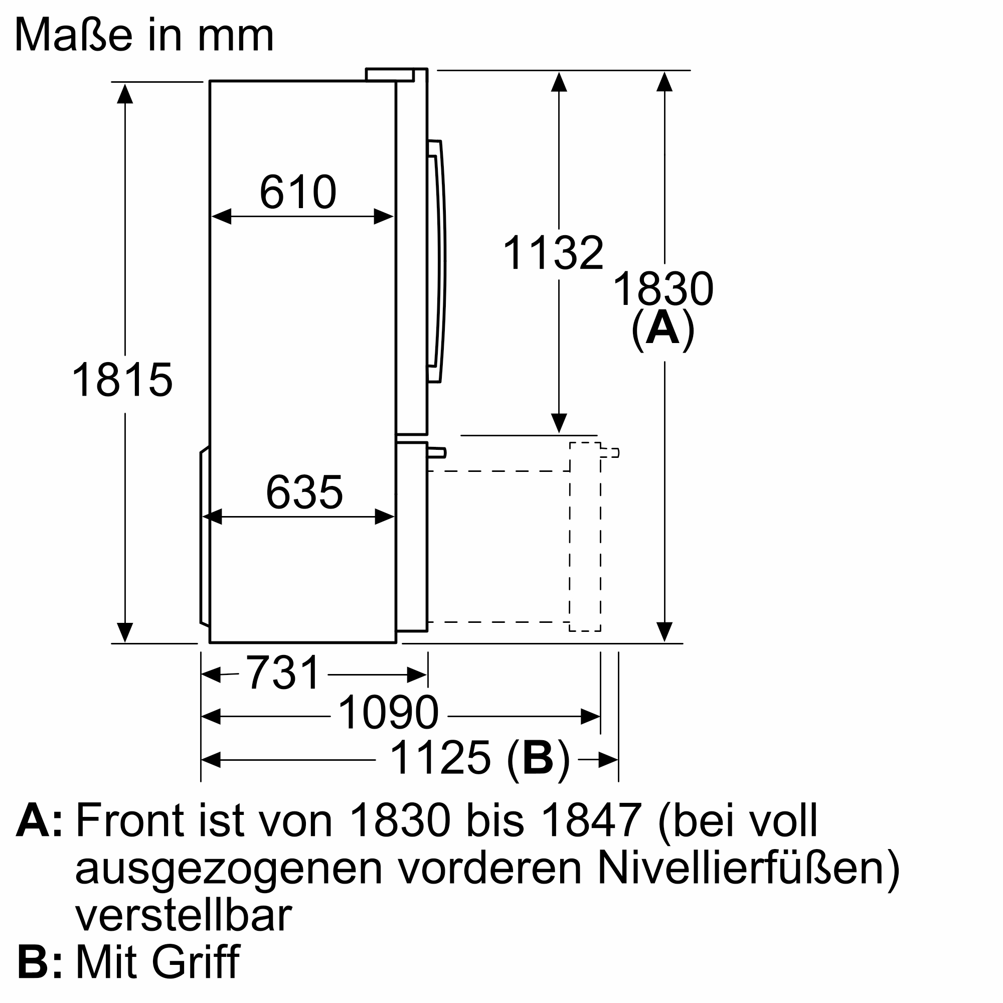 Diagramm mit Abmessungen für einen Kühlschrank, zeigt Gesamthöhe und Maße mit Griff.