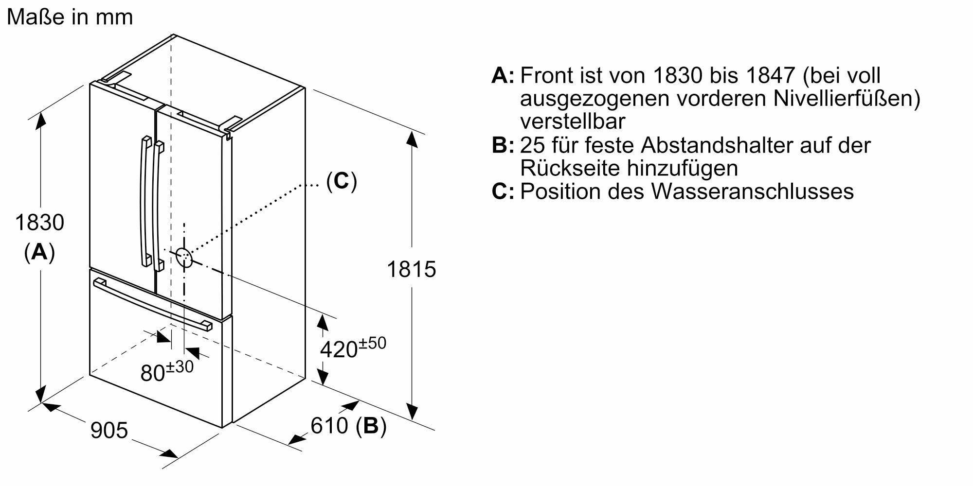 Kühlschrank-Diagramm mit Abmessungen, Zweitürer-Design mit Messungen in mm und Beschriftungen.
