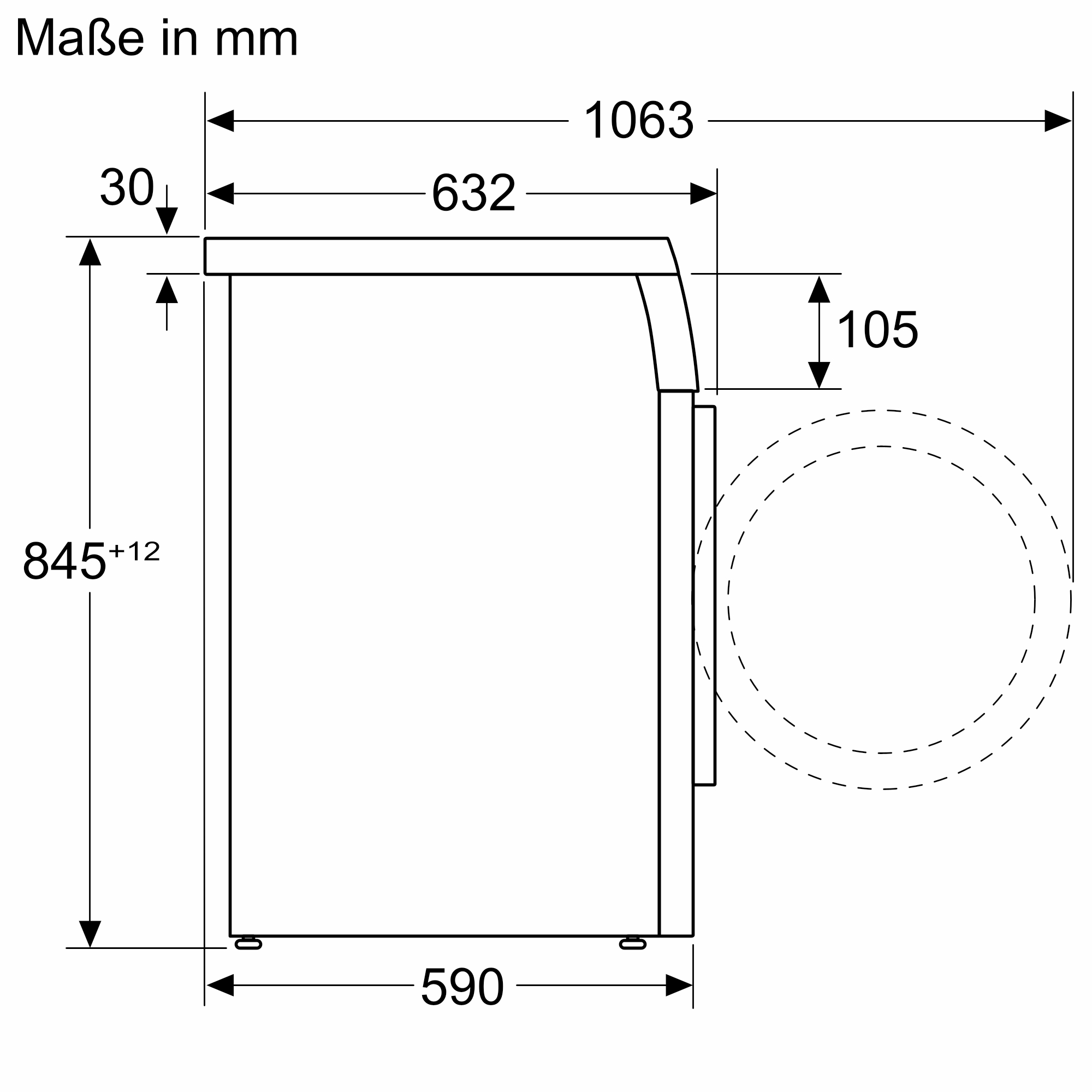 Seitenansicht-Diagramm einer Maschine, mit Abmessungen in mm, das Seitenprofil zeigt.
