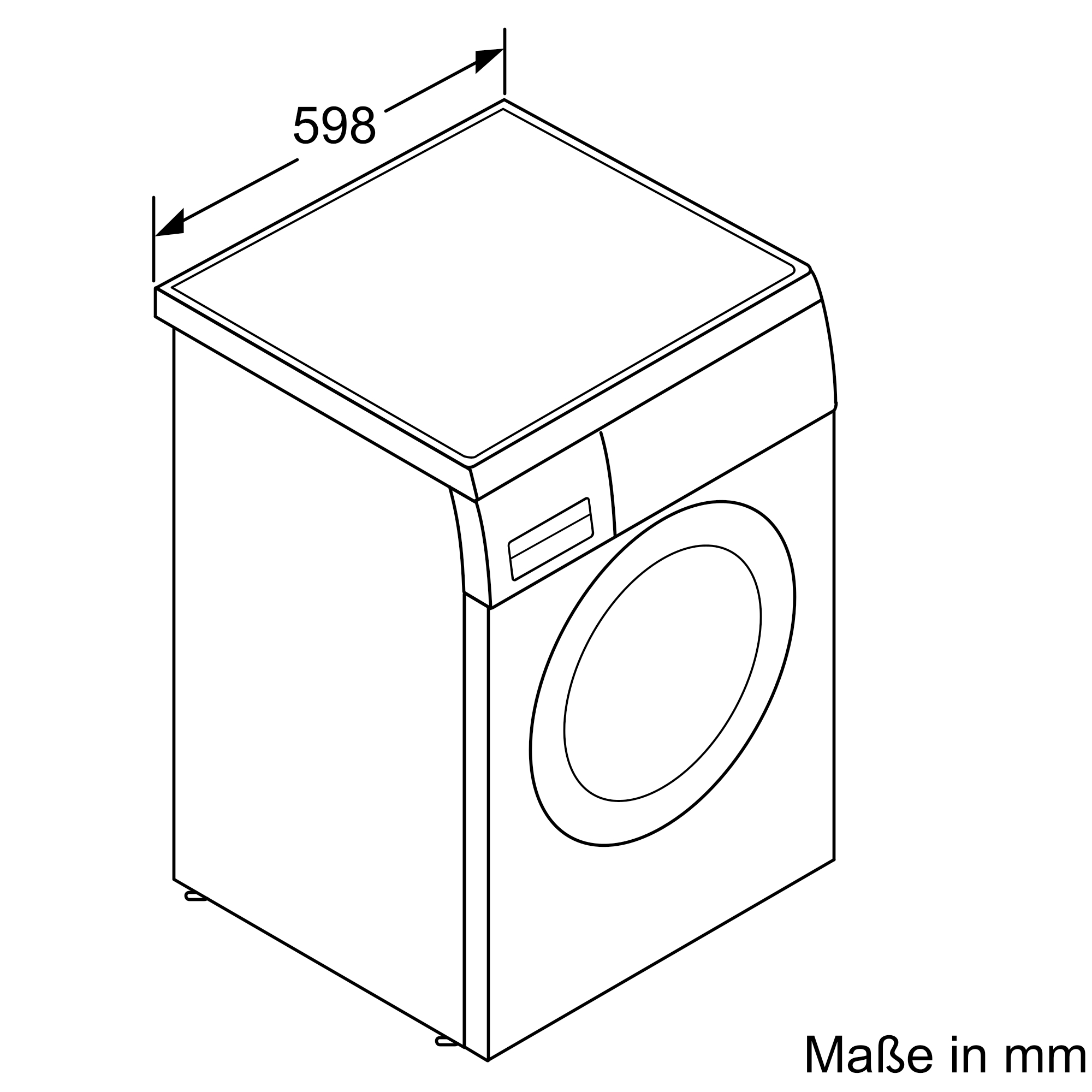 Isometrische Ansicht einer Waschmaschine mit Abmessungen in Millimetern, die ihre Form zeigt.
