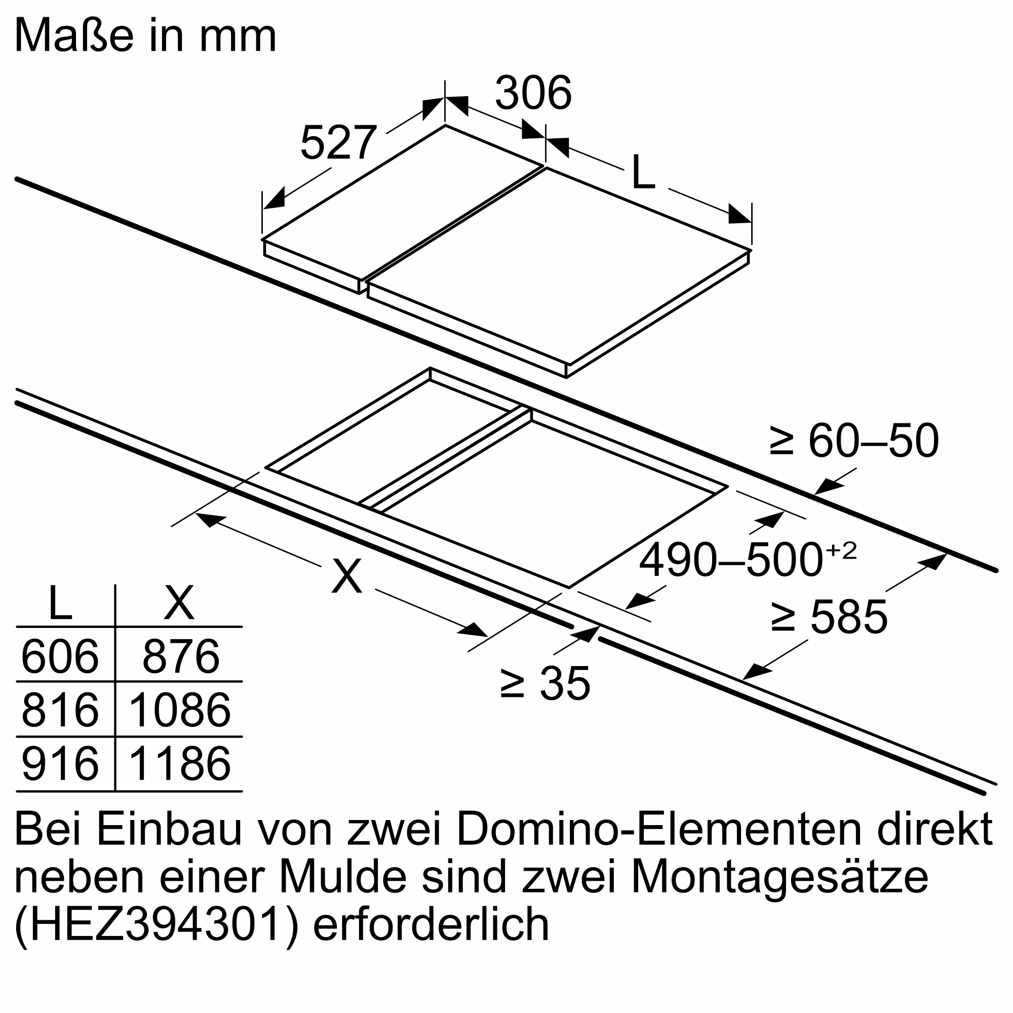 Technische Zeichnung mit Abmessungen eines Kochfelds. Schwarze Linien und Zahlen auf weißem Hintergrund.