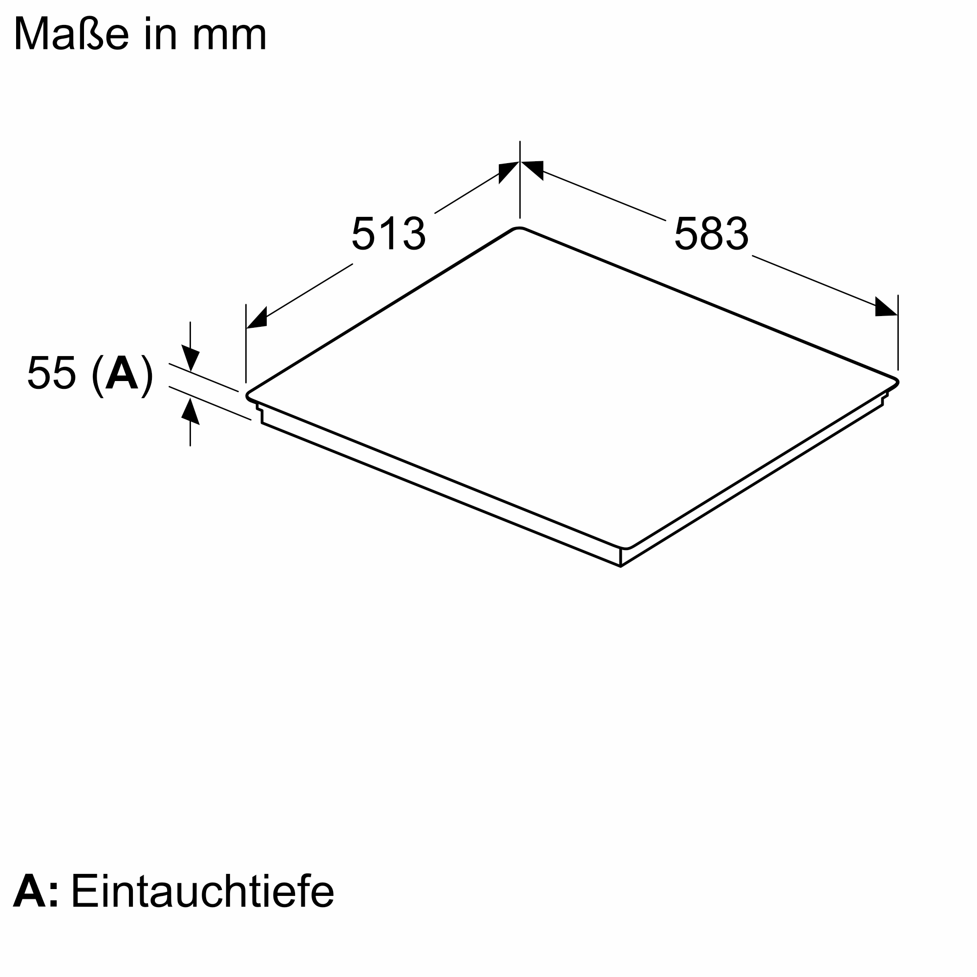 Diagramm, das die Abmessungen eines Kochfelds zeigt: 513 mm x 583 mm mit einer Tiefe von 55 mm.