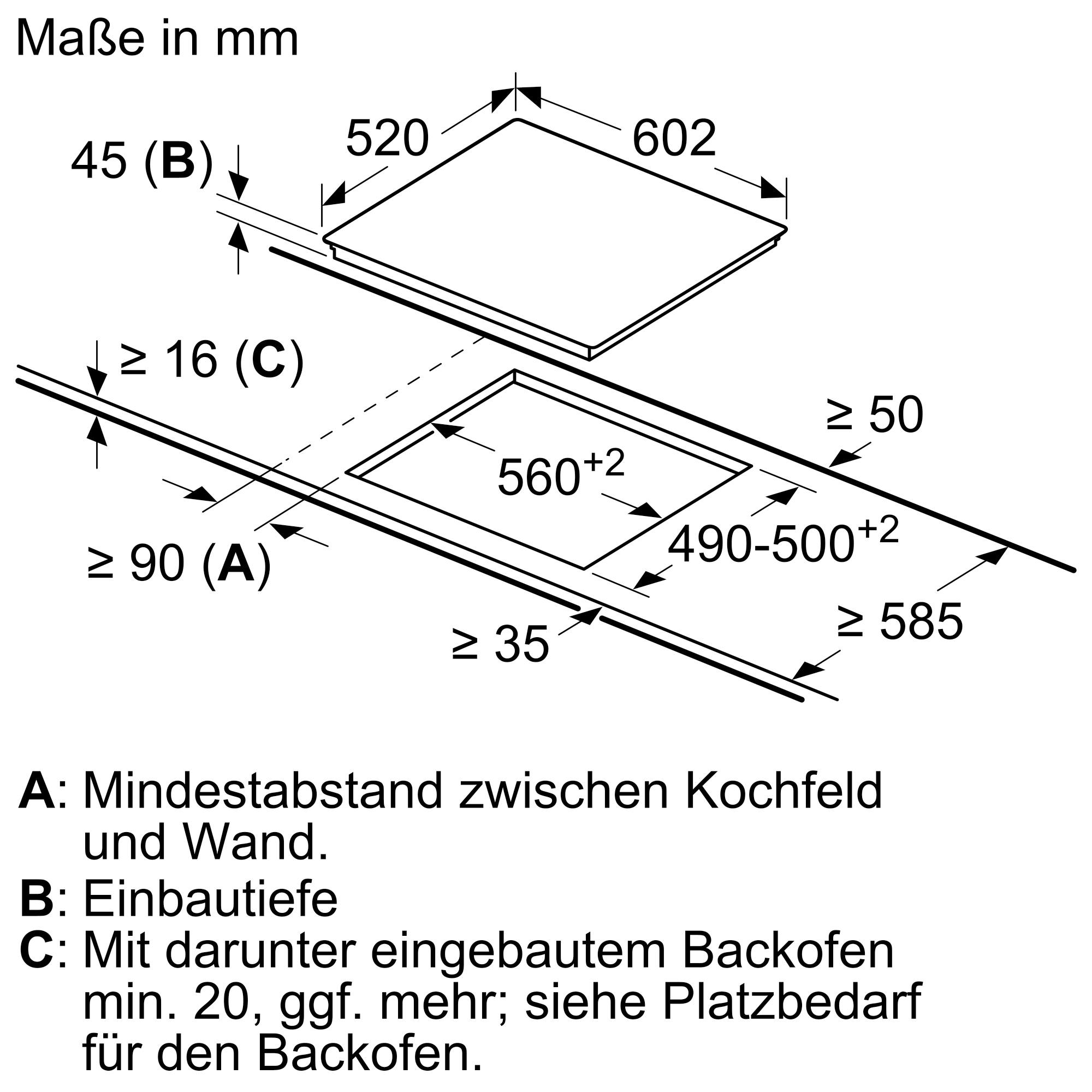 Diagramm mit Abmessungen für den Einbau eines Kochfelds, mit Messungen und Mindestabständen in mm.