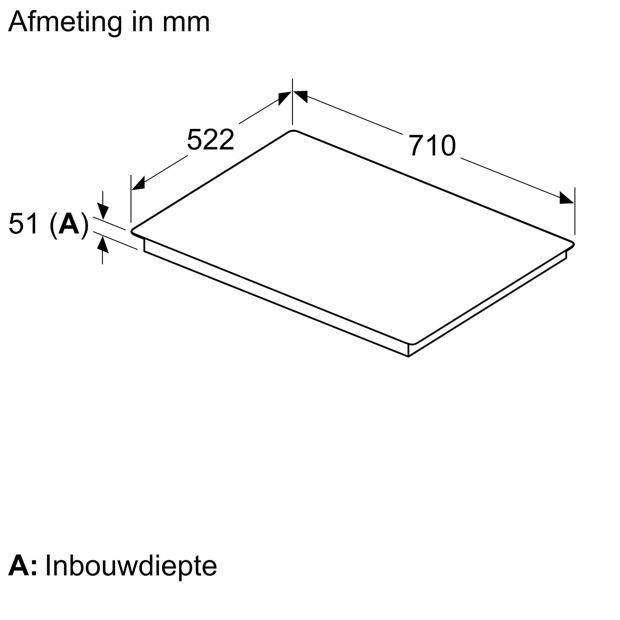 A rectangular cooking surface with dimensions in mm.