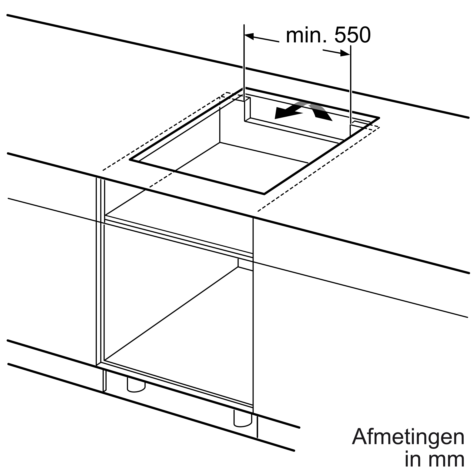 A diagram showing the dimensions for a cooktop installation. Measurements in mm.