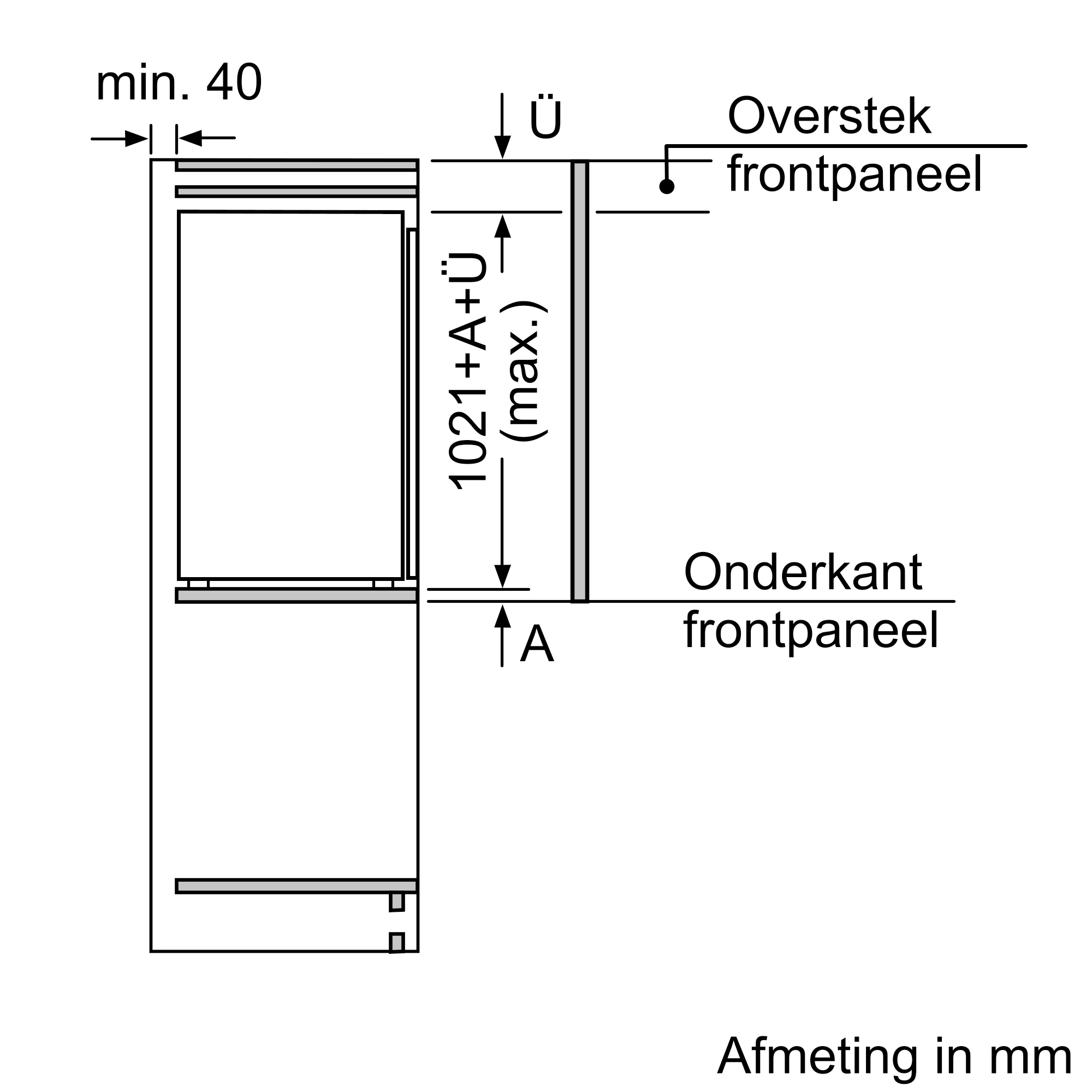 Diagram van een zijaanzicht van een kast, met afmetingen en maten voor installatie.