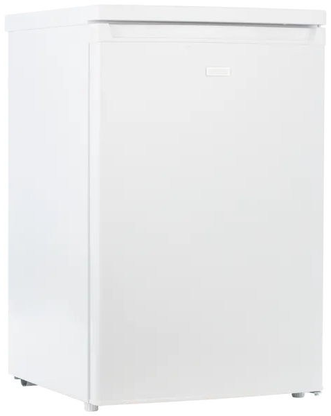 Biała lodówka stoi wyprostowana. Ma uchwyt i mały prostokątny emblemat na środku drzwi.