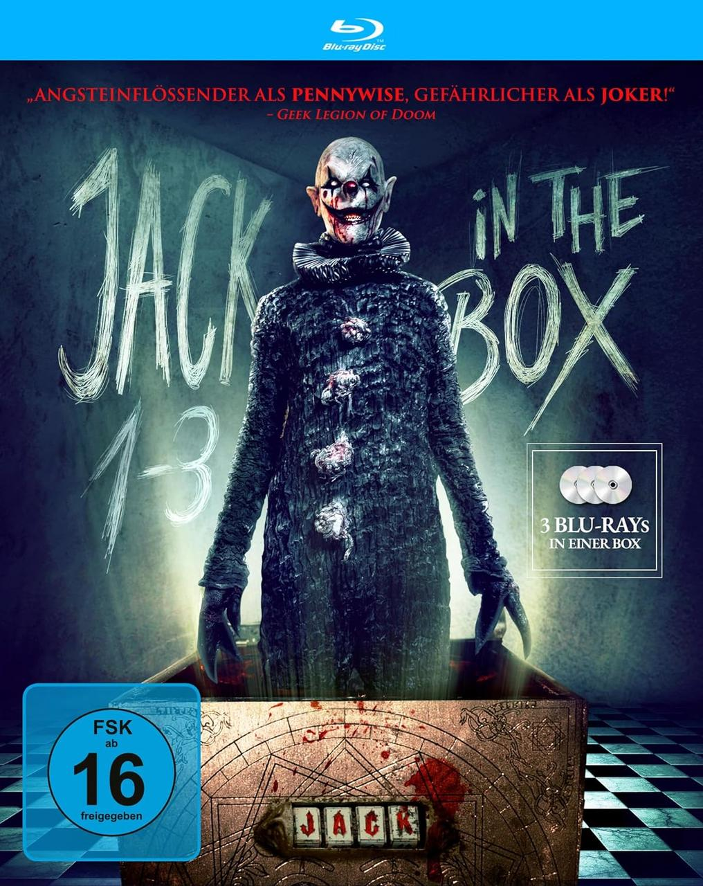 Blu-ray-Cover mit einem Clown in einer Box. Der Titel lautet 'Jack in the Box' und eine Alterseinstufung von 16 wird angezeigt.