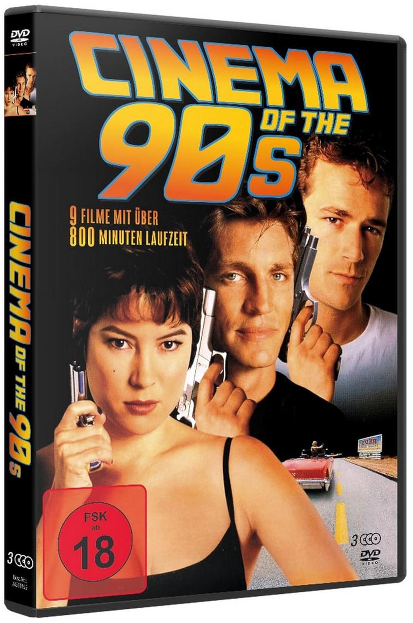 DVD-Hülle 'Cinema of the 90s' mit Schauspielern, die Waffen halten. Rot-schwarzer Hintergrund.
