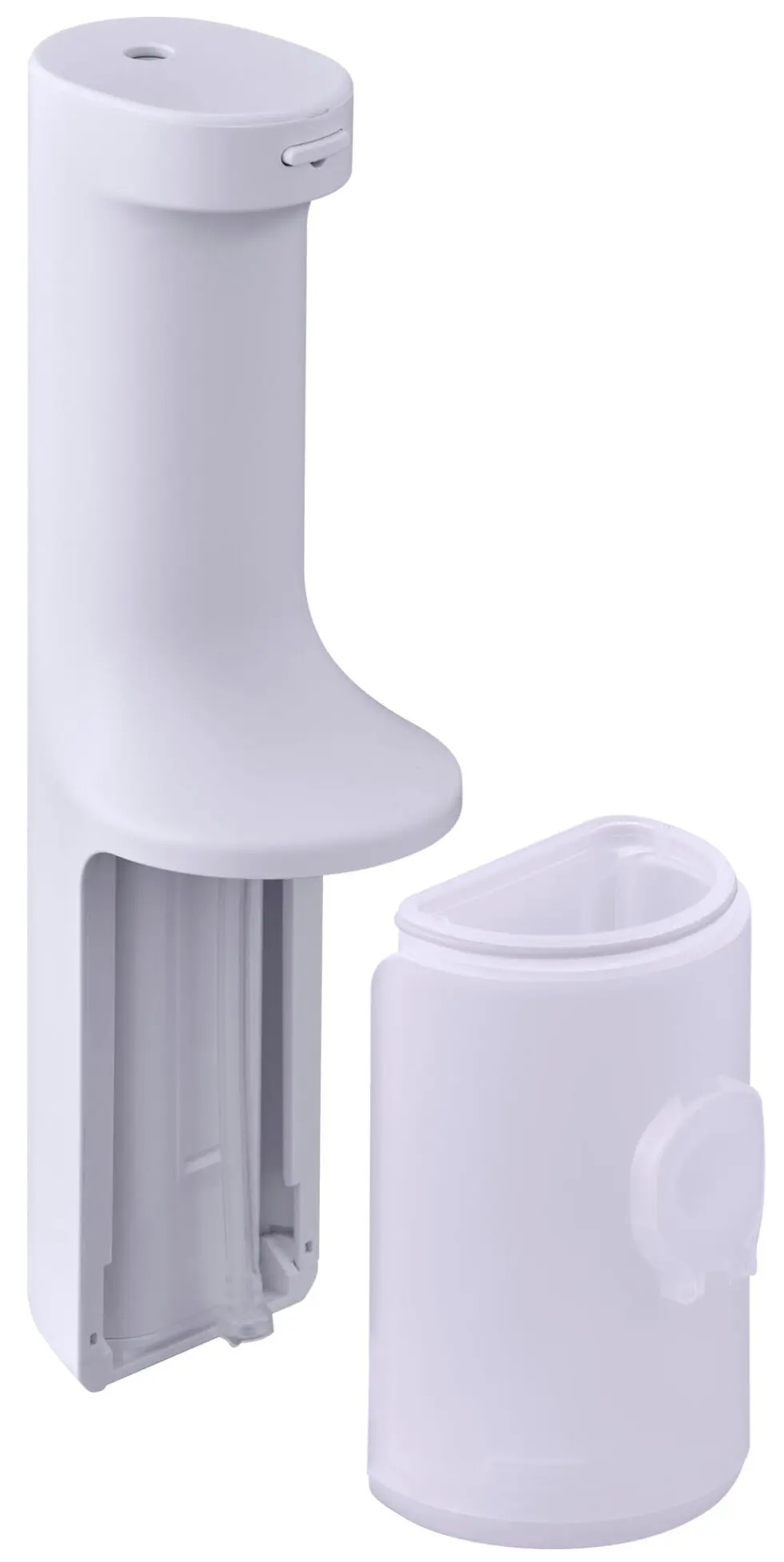 Biały, plastikowy dozownik mydła w dwóch częściach, z oddzielnym pojemnikiem na uzupełnianie.