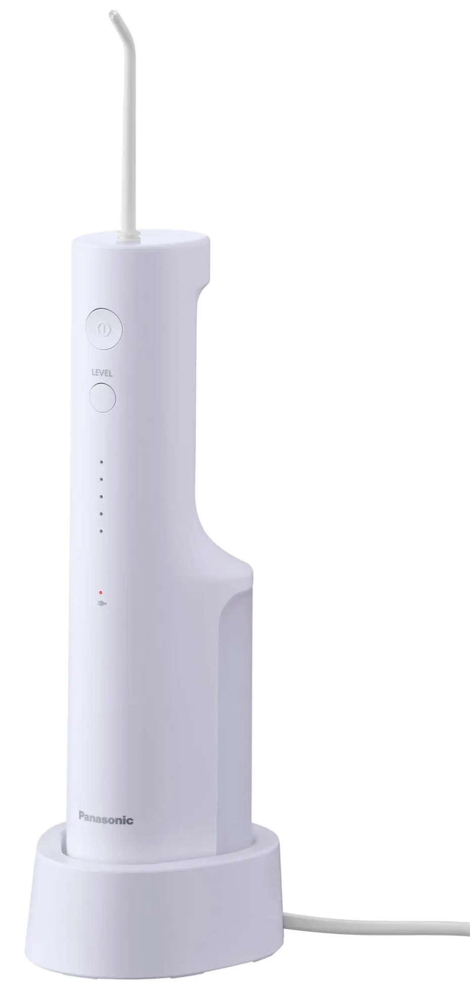 Biały irygator do jamy ustnej Panasonic na białej podstawie. Przyciski zasilania i poziomu.