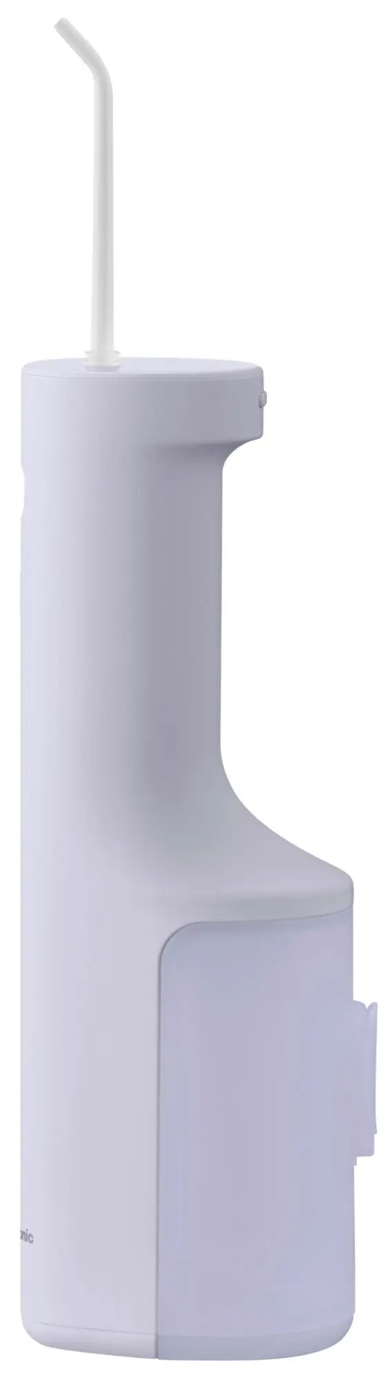 Biało-szary irygator do jamy ustnej z długą, cienką, białą dyszą.