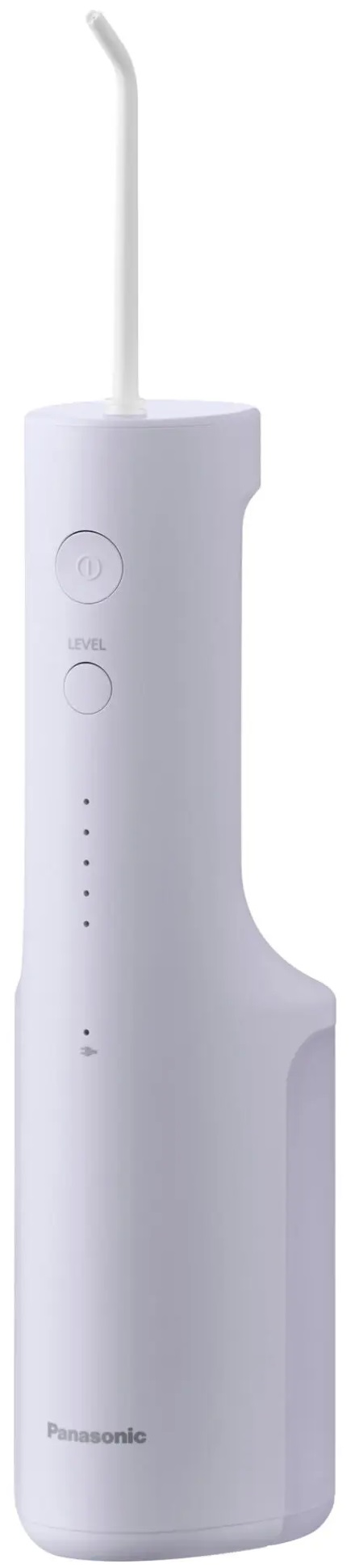 Biały, bezprzewodowy irygator do jamy ustnej z długą dyszą i przyciskami sterowania.