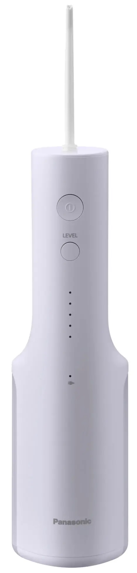 Biały, bezprzewodowy irygator do jamy ustnej, z przyciskami zasilania i poziomu oraz wskaźnikami ładowania.