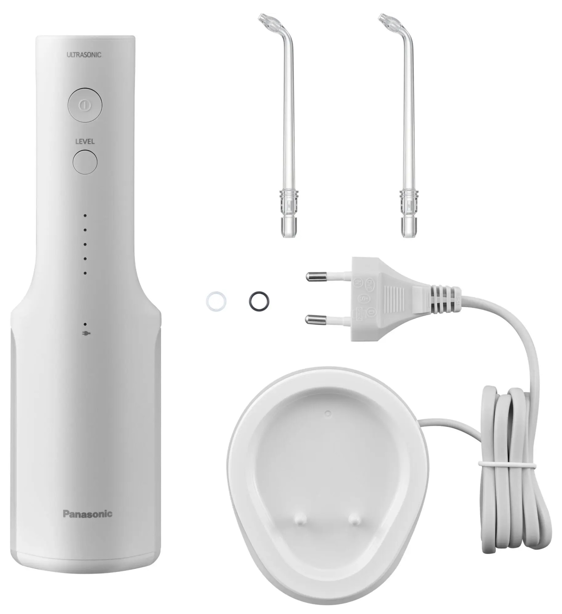Biały irygator do jamy ustnej z akcesoriami. Zawiera irygator, końcówki, ładowarkę i bazę.