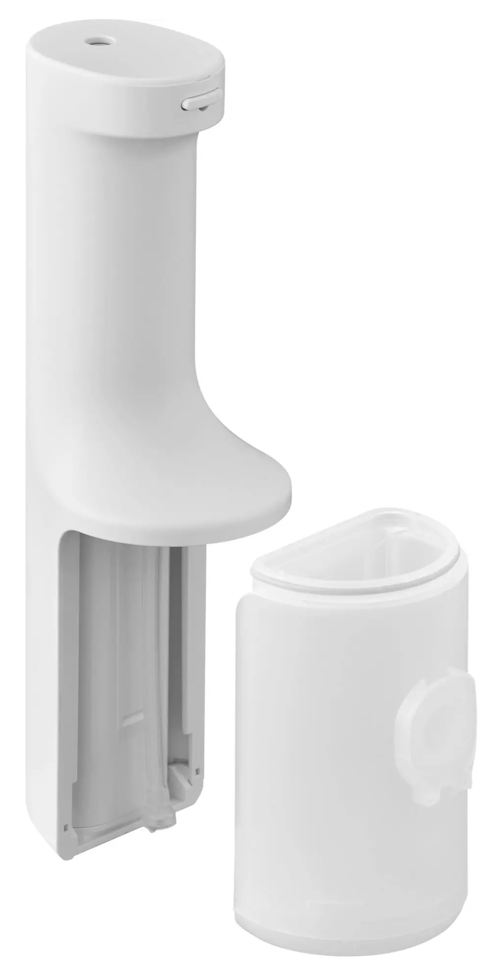 Biały, nowoczesny dozownik mydła w płynie z oddzielnym, cylindrycznym pojemnikiem na uzupełnianie.