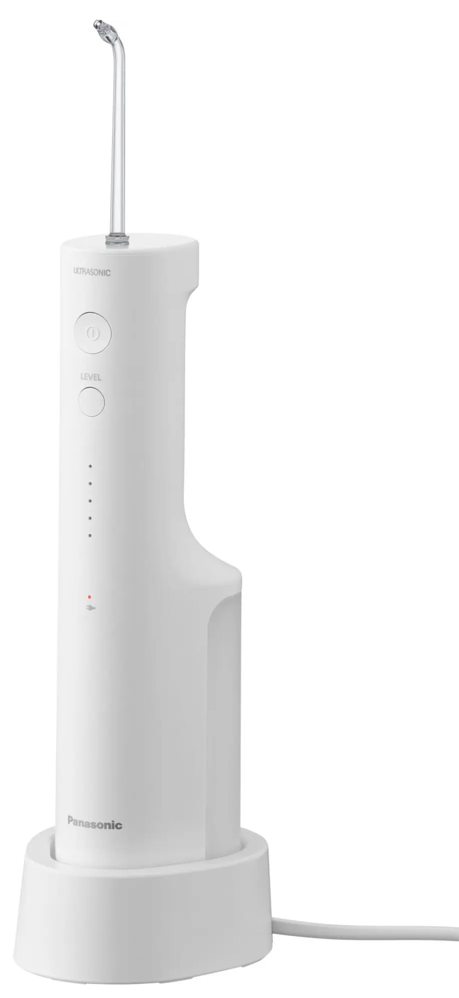 Biały irygator do jamy ustnej na podstawie ładującej, z przezroczystą dyszą.