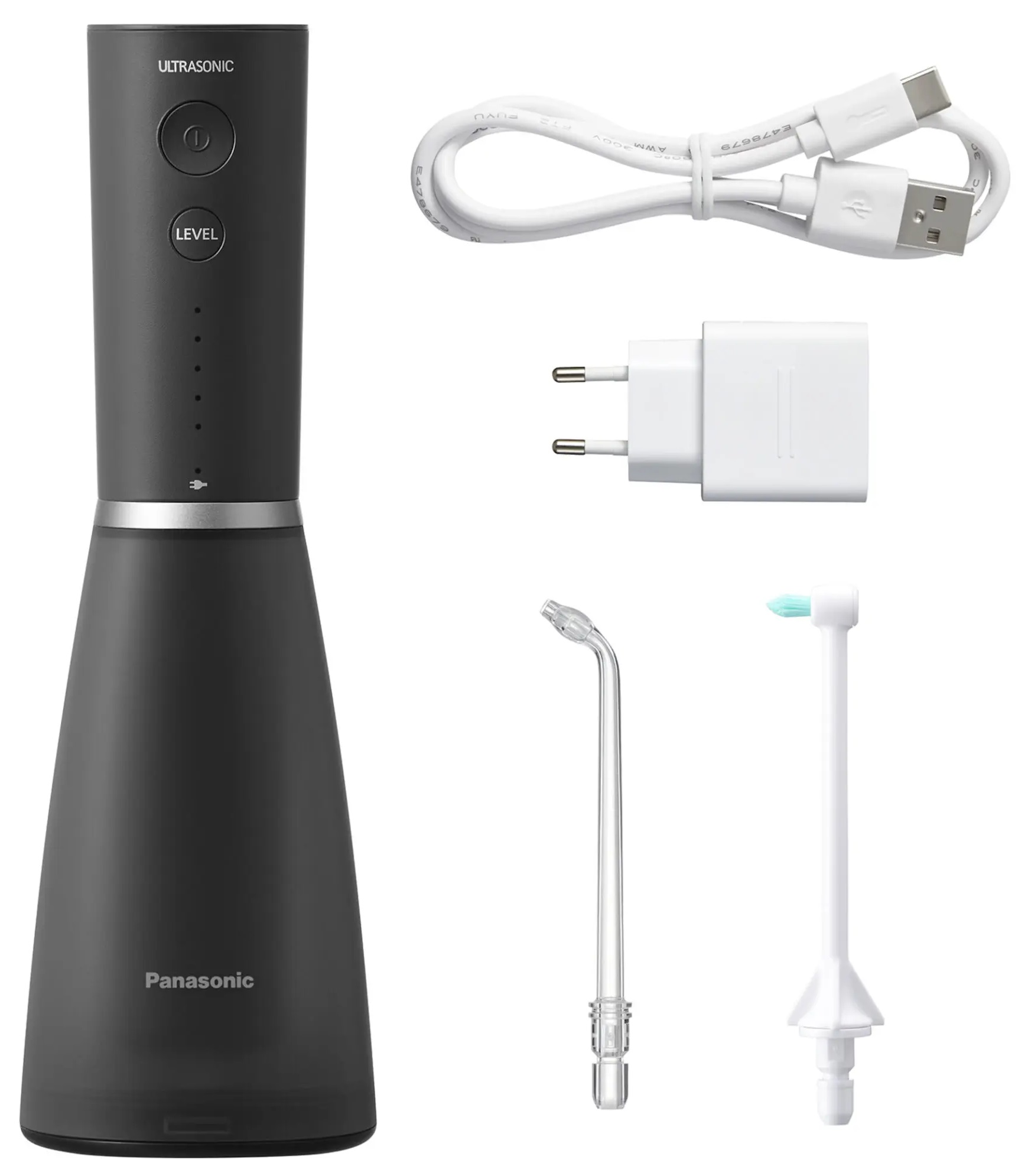 Czarny irygator jamy ustnej z akcesoriami, w tym kablem i adapterem do ładowania.