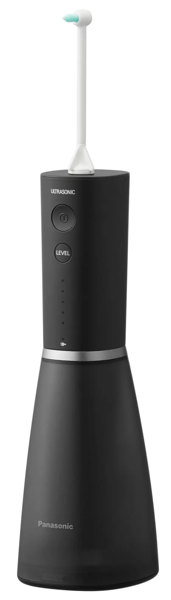 Czarny i srebrny irygator ultradźwiękowy. Ma długą, białą dyszę i przyciski.