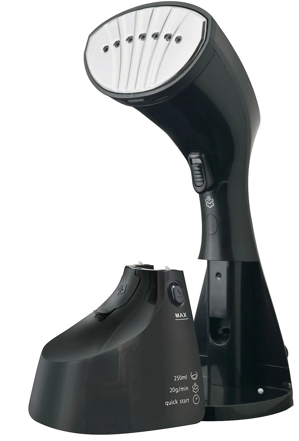 Czarny, ręczny parownik do ubrań z odłączaną podstawą zbiornika na wodę.