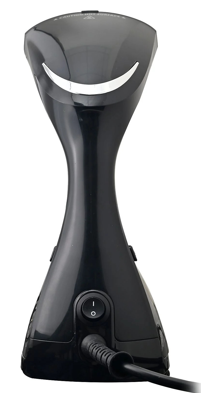 Czarny ręczny parownik do ubrań z białym zakrzywionym wierzchem i przyciskiem zasilania.