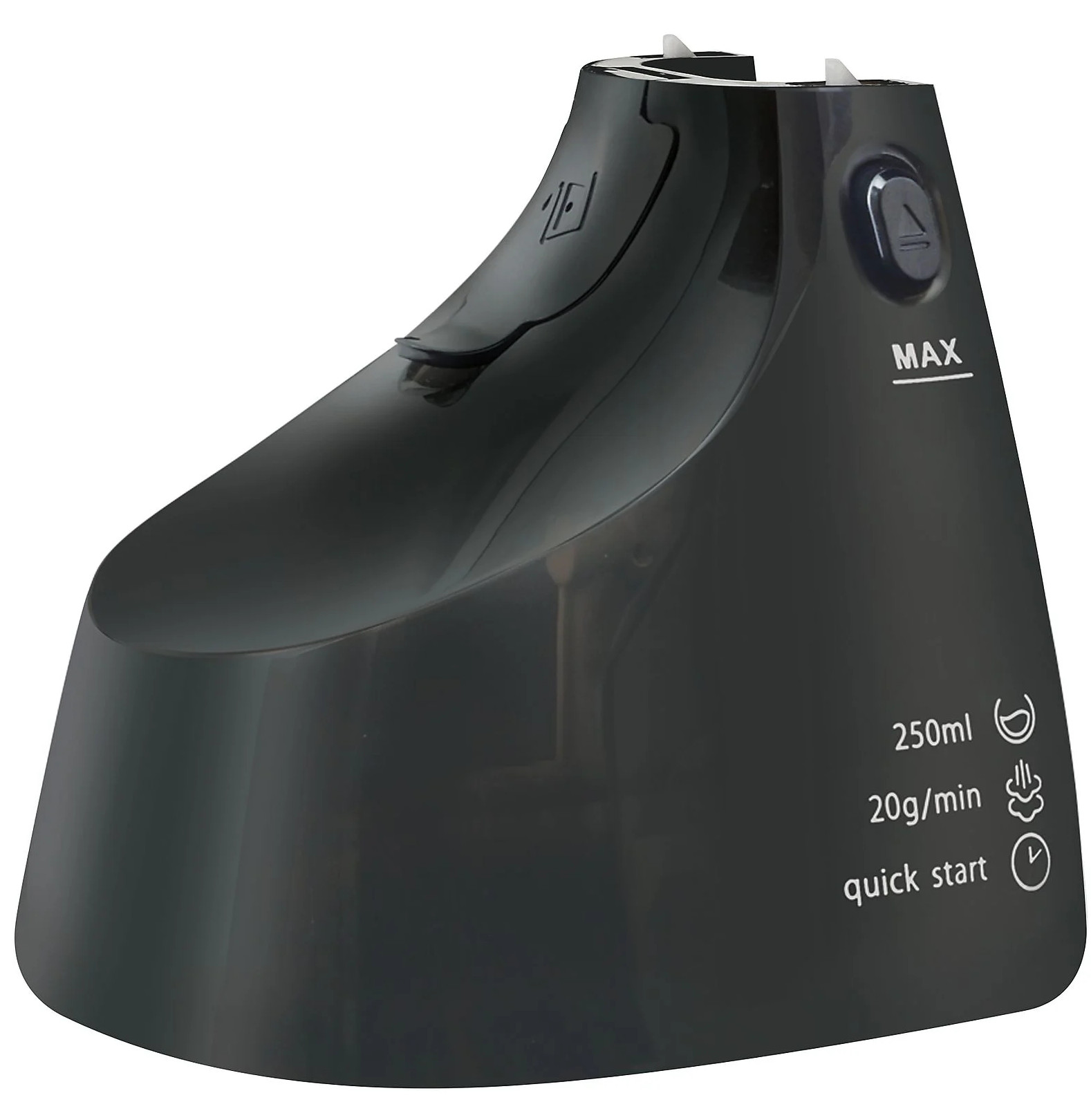 Czarne plastikowe urządzenie z przyciskiem i tekstem, prawdopodobnie część urządzenia kuchennego.