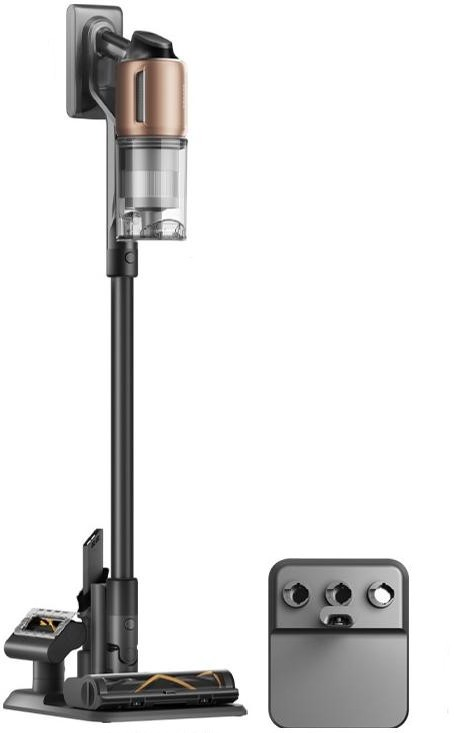 Bezprzewodowy odkurzacz z czarnym korpusem i metalowym wierzchem. Stacja ładująca po prawej.