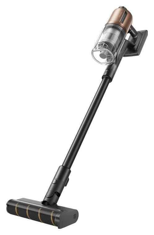 Czarny i złoty odkurzacz bezprzewodowy z uchwytem i szczotką.