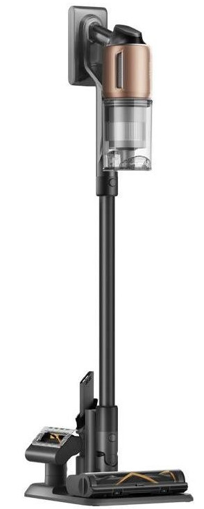 Odkurzacz bezprzewodowy stoi na stojaku. Jest czarny i złoty.