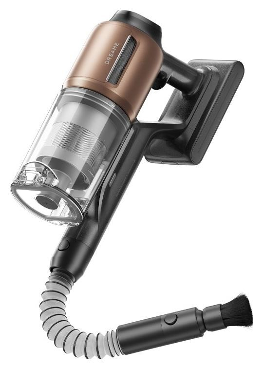 Odkurzacz ręczny z brązowym korpusem i czarnym uchwytem oraz szczotką.