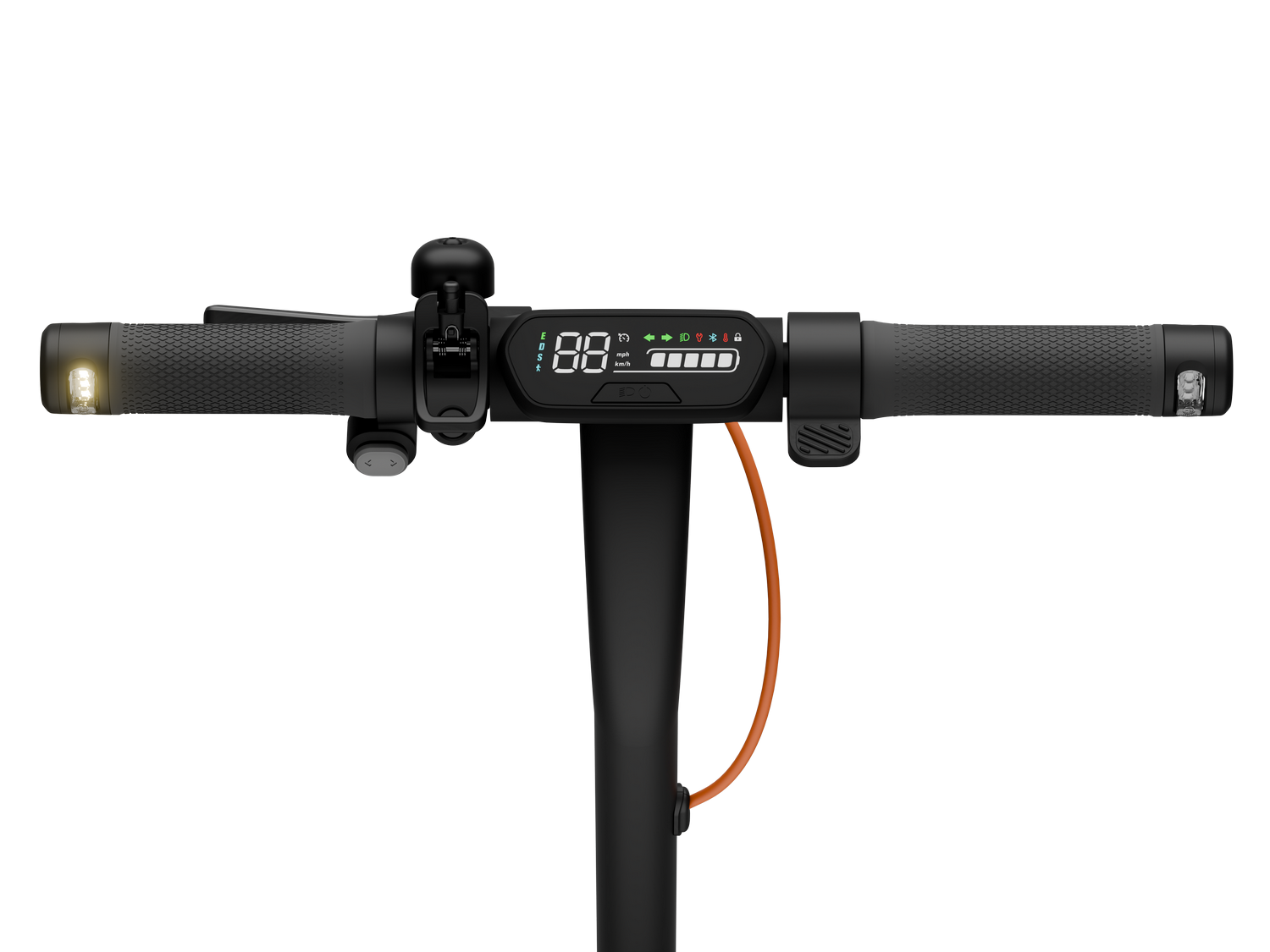 Primer plano del manillar de un scooter con una pantalla digital que muestra la velocidad y la batería.