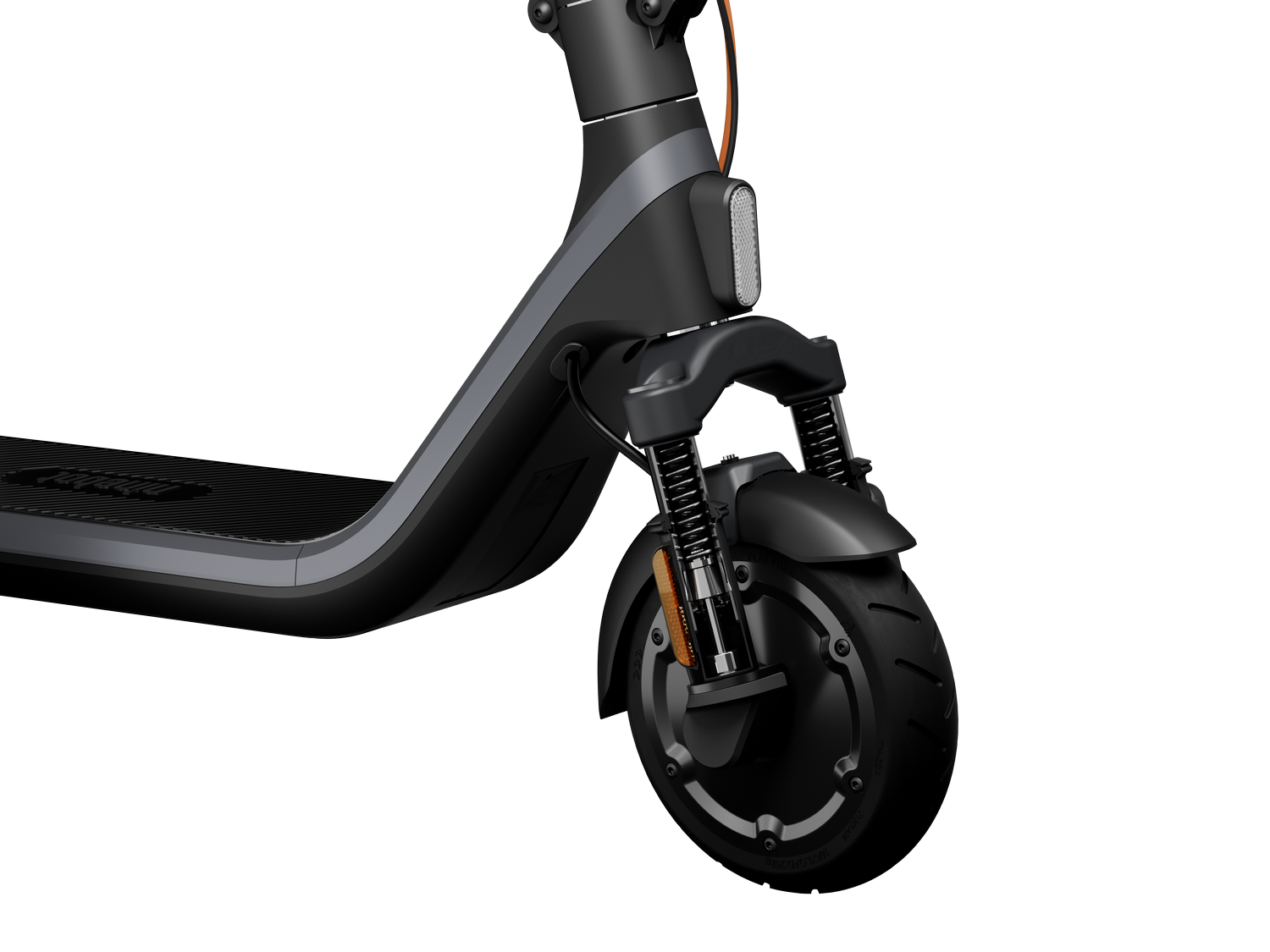 Parte frontal de un patinete eléctrico, con la rueda delantera y la suspensión visibles.