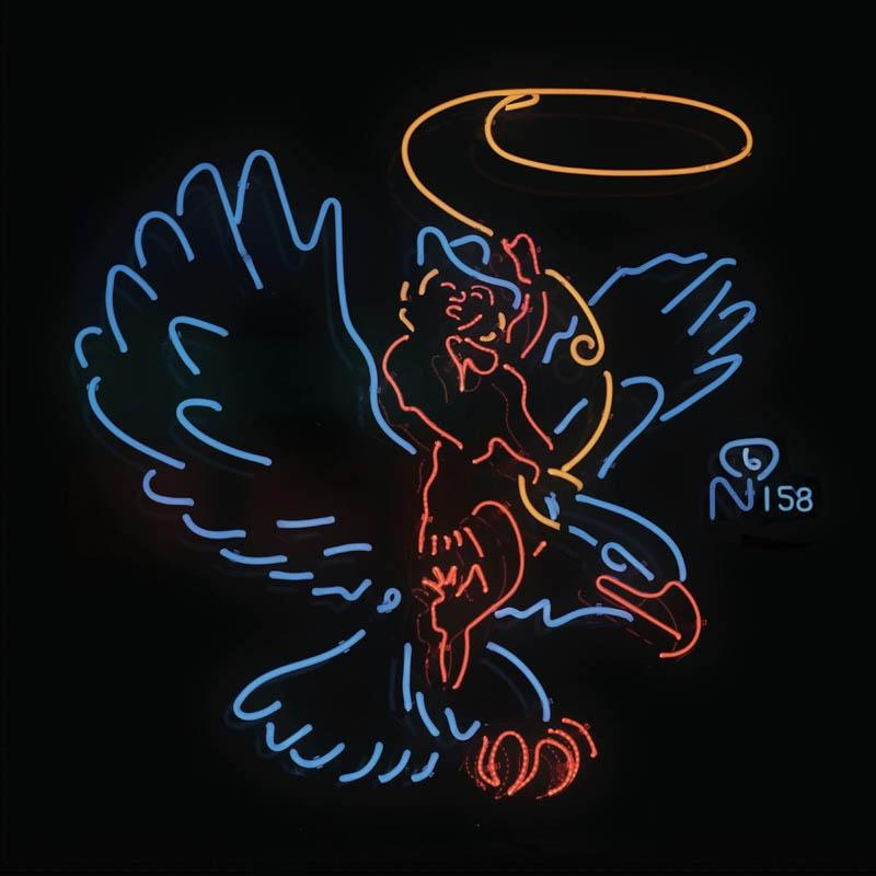Neon-Zeichen eines Cowboys auf einem Adler mit Lasso. Blau, Orange und Rot.