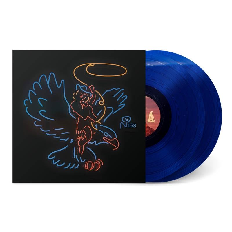 Blaue Schallplatte mit Neon-Adler-Design auf schwarzem Albumcover.