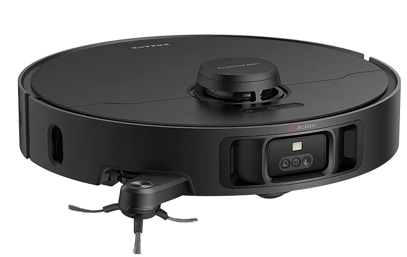 Czarny robot odkurzający o okrągłym kształcie, z wieloma czujnikami i szczotką boczną, widok z perspektywy.