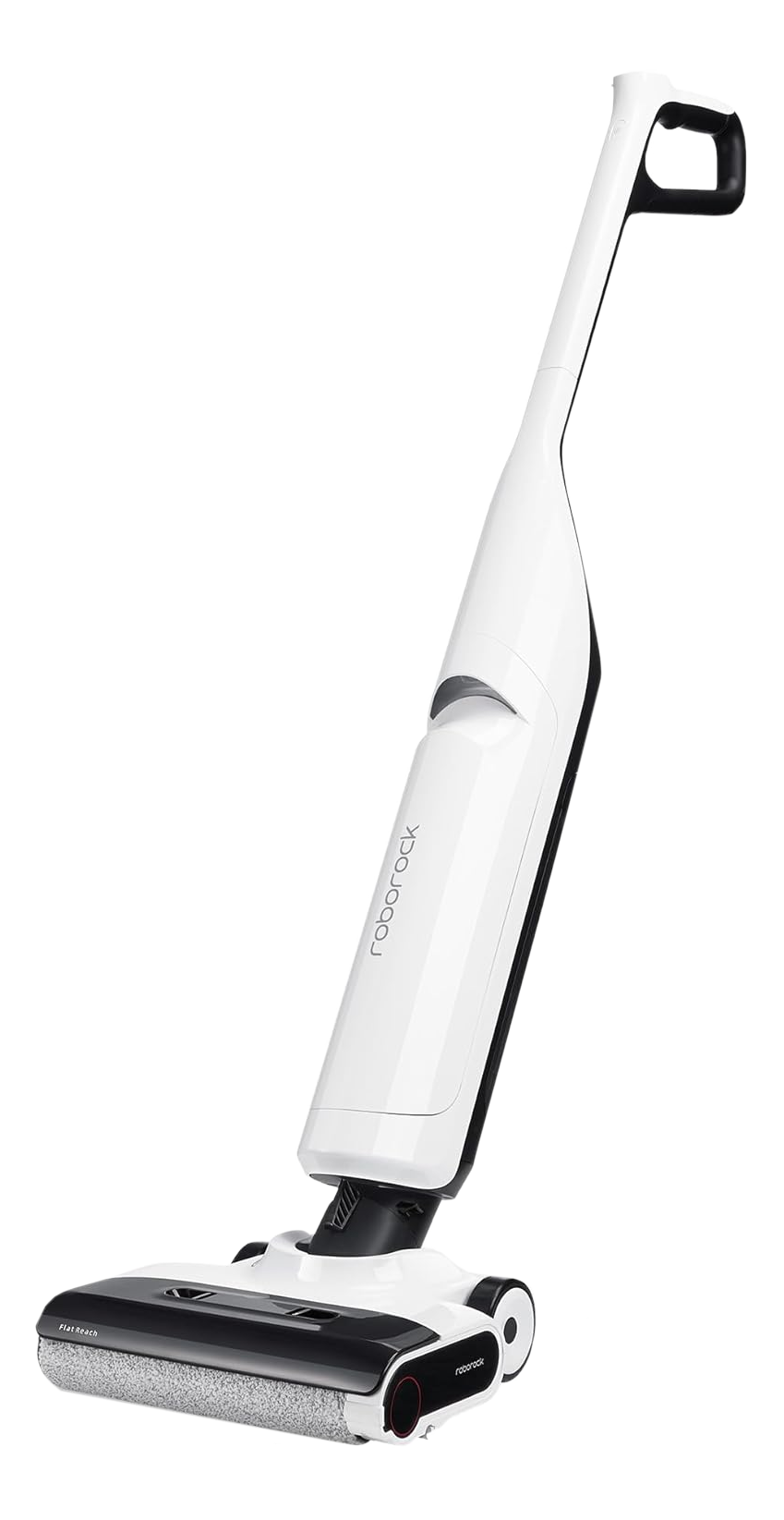 Aspirateur sans fil blanc et noir avec une longue poignée. Il est incliné sur un fond noir.