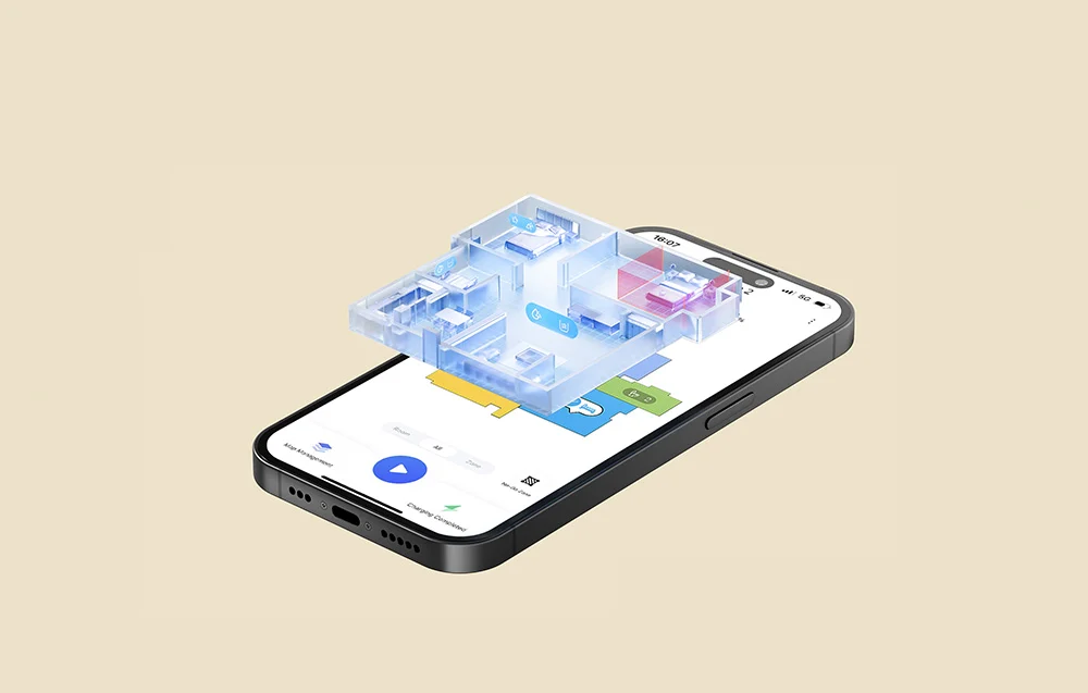 Telefon wyświetla plan inteligentnego domu. Układ jest na beżowym tle.