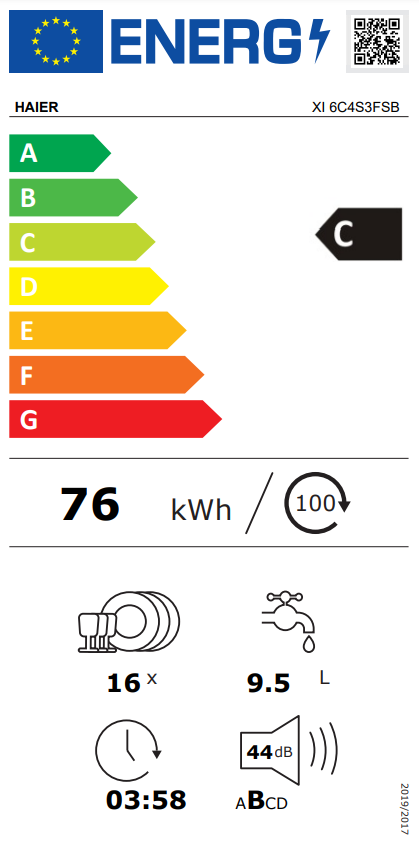 Energia címke egy HAIEr mosogatógéphez. C energiahatékonysági besorolást és fogyasztási adatokat mutat.