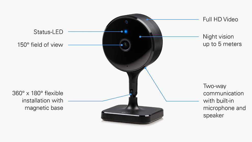 Fekete biztonsági kamera kék fényekkel, feliratok: Full HD, Éjjellátó, 360° telepítés.